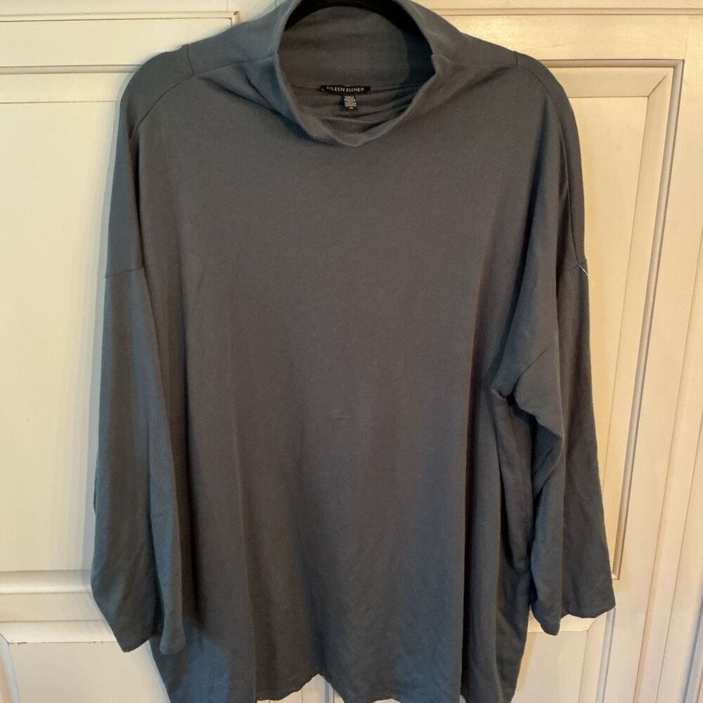 Eileen Fisher Brush Terry Hug Funnel Neck Top Sz 2X Gray Blue - Picture 5 of 10